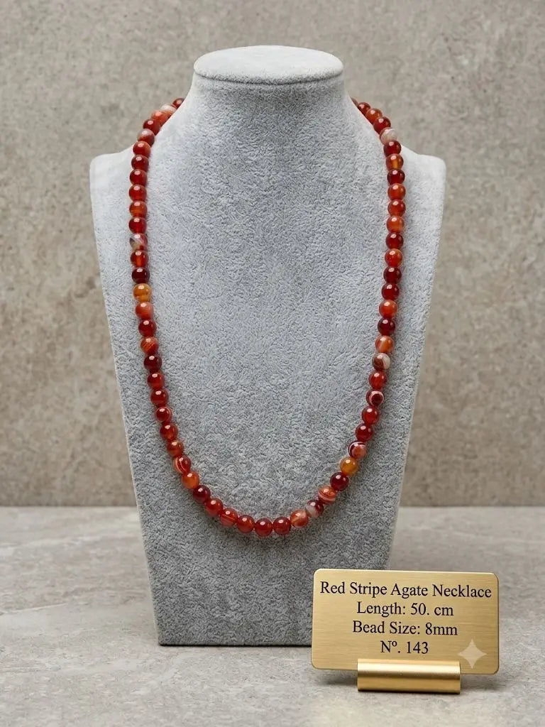Red Stripe Agate Necklace, Length 50. cm, Bead Size 8mm, ABC_NEC_143